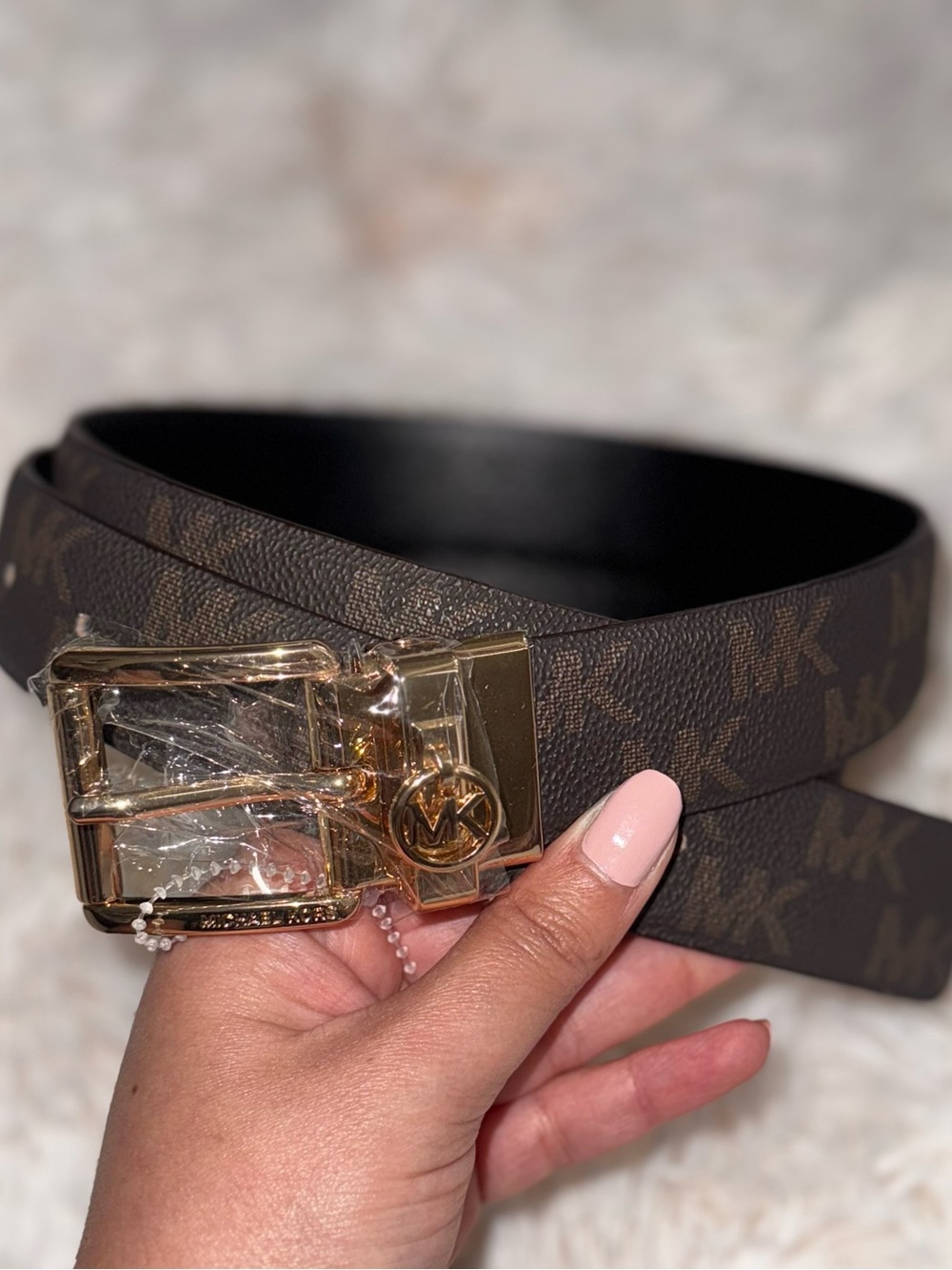 Michael Kors Brown Reversible Logo Belt with Gold Buckle